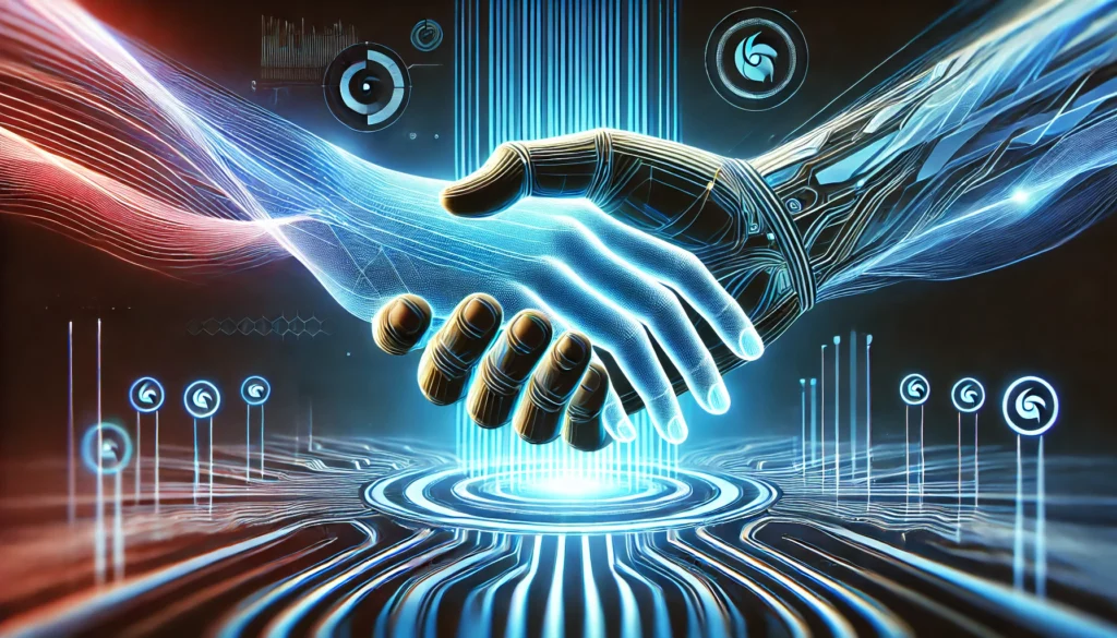 DALL·E 2024 12 10 16.15.52 A futuristic and sleek 16 9 image with a background inspired by neon lights glowing blue lines and a high tech ambiance. In the foreground hands ar